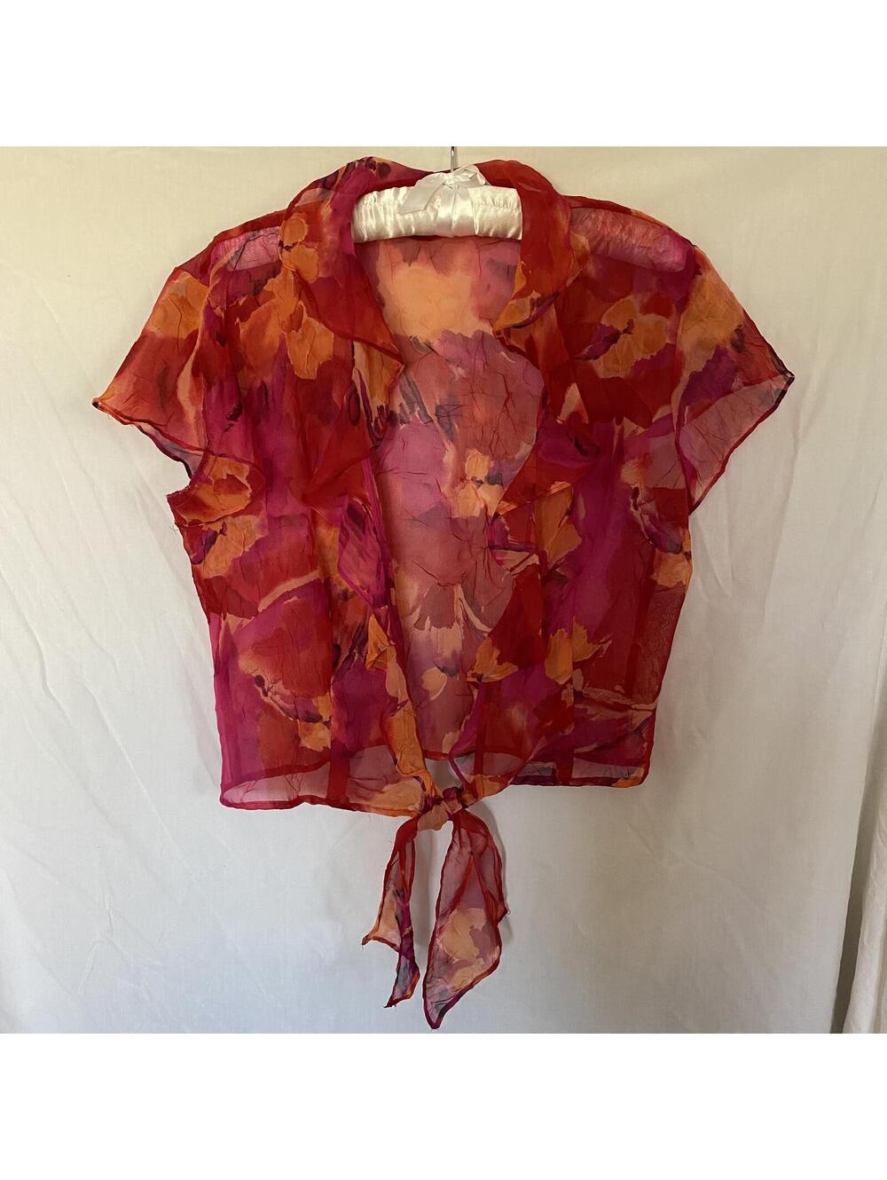 Vintage Sheer Chiffon Watercolour Floral‎ Tie Front Crop Top Pink Orange